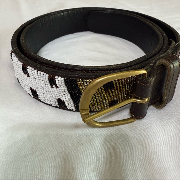 Brown Beaded Belt Handmade Leather Western Size 46 Neutral Colors Casual - Picture 1 of 7